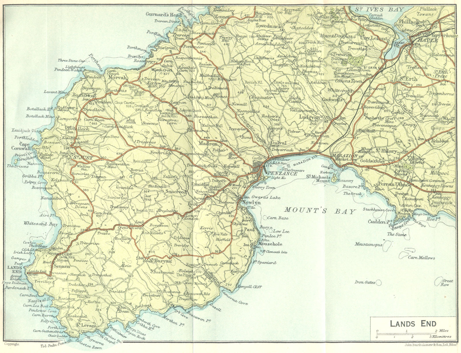CORNWALL. Land's End 1924 old antique vintage map plan chart